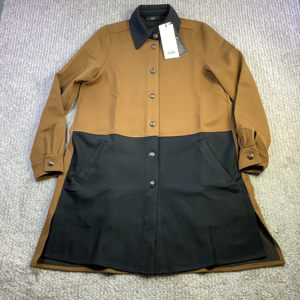 Ruti Easy Chic Button Down Colorblock Shirt Dress Camel Black XS NWT